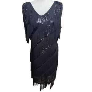 Pretty Guide Womens Black Sequin Tassels Gatsby Dress Large